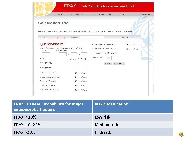 FRAX 10 year probability for major osteoporotic fracture Risk classification FRAX < 10% Low