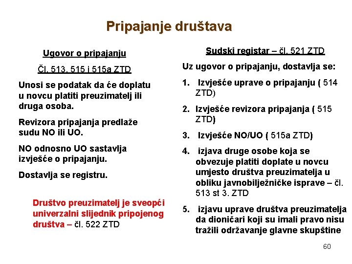 Pripajanje društava Ugovor o pripajanju Sudski registar – čl. 521 ZTD Čl. 513, 515