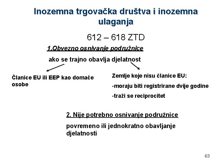 Inozemna trgovačka društva i inozemna ulaganja 612 – 618 ZTD 1. Obvezno osnivanje podružnice