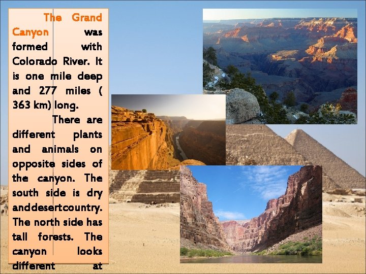  The Grand Canyon was formed with Colorado River. It is one mile deep