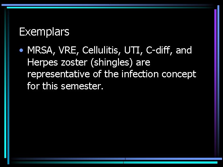 Exemplars • MRSA, VRE, Cellulitis, UTI, C-diff, and Herpes zoster (shingles) are representative of