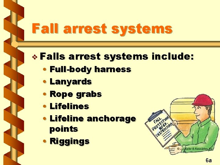 Fall arrest systems v Falls arrest systems include: • Full-body harness • Lanyards •