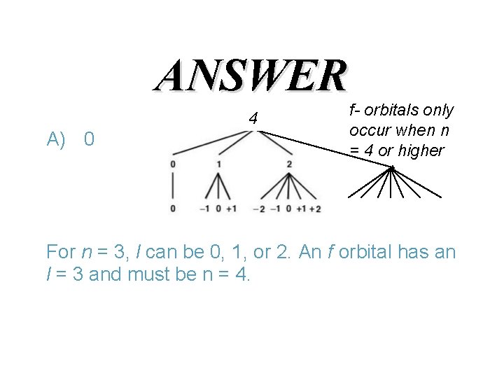 ANSWER 4 A) 0 f- orbitals only occur when n = 4 or higher ANSWER 4 A) 0 f- orbitals only occur when n = 4 or higher
