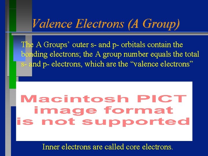 Valence Electrons (A Group) The A Groups’ outer s- and p- orbitals contain the Valence Electrons (A Group) The A Groups’ outer s- and p- orbitals contain the