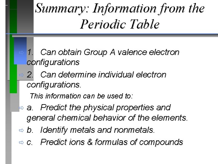 Summary: Information from the Periodic Table 1. Can obtain Group A valence electron configurations Summary: Information from the Periodic Table 1. Can obtain Group A valence electron configurations