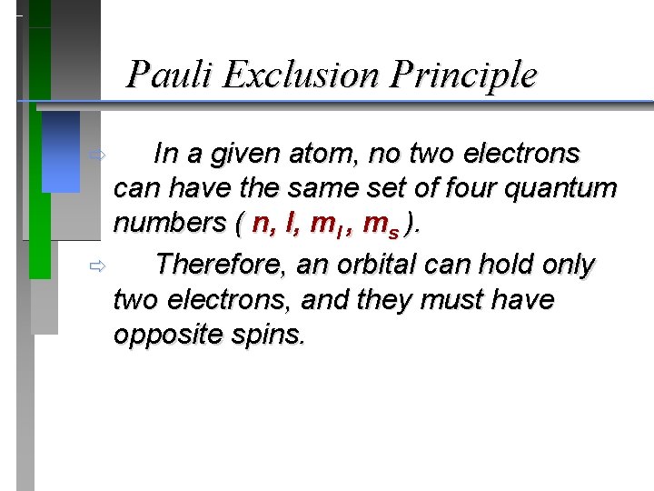 Pauli Exclusion Principle In a given atom, no two electrons can have the same Pauli Exclusion Principle In a given atom, no two electrons can have the same