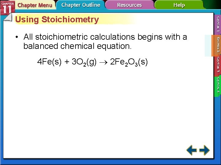 Using Stoichiometry • All stoichiometric calculations begins with a balanced chemical equation. 4 Fe(s)