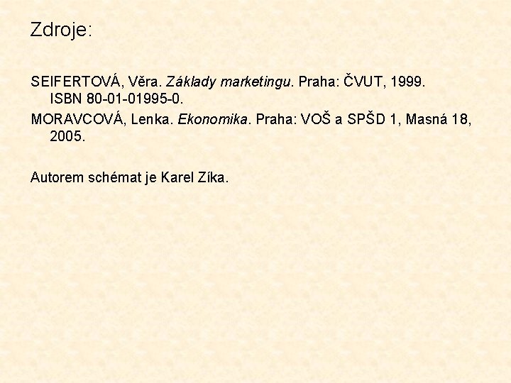 Zdroje: SEIFERTOVÁ, Věra. Základy marketingu. Praha: ČVUT, 1999. ISBN 80 -01 -01995 -0. MORAVCOVÁ,