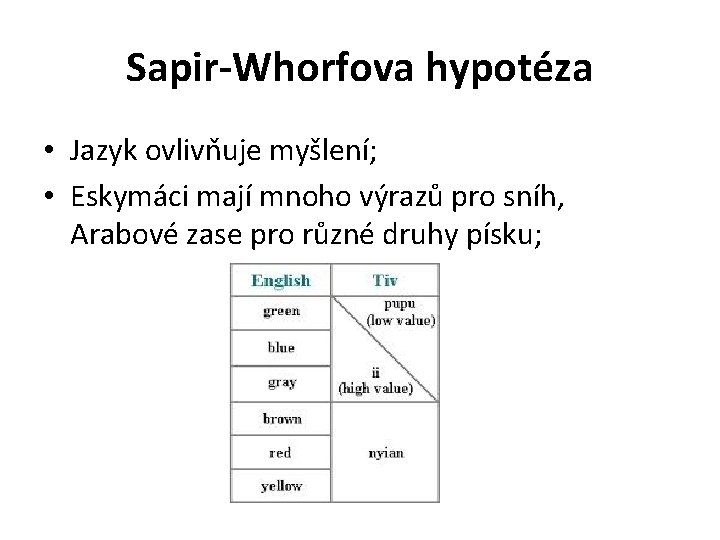 Sapir-Whorfova hypotéza • Jazyk ovlivňuje myšlení; • Eskymáci mají mnoho výrazů pro sníh, Arabové