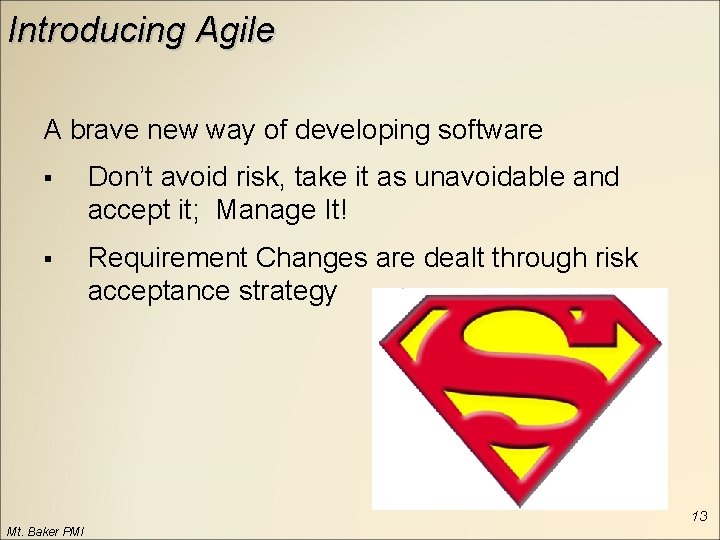 Introducing Agile A brave new way of developing software § Don’t avoid risk, take