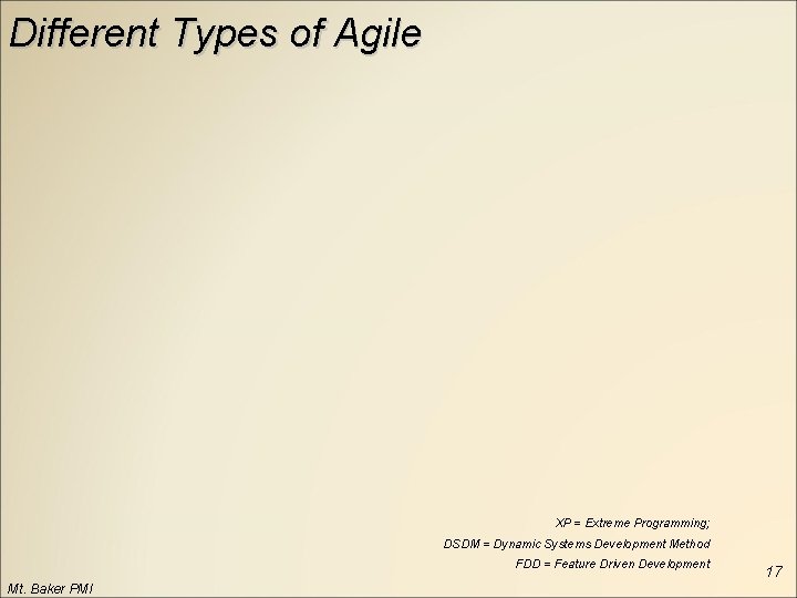 Different Types of Agile XP = Extreme Programming; DSDM = Dynamic Systems Development Method