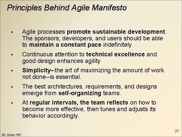 Principles Behind Agile Manifesto § Agile processes promote sustainable development. The sponsors, developers, and