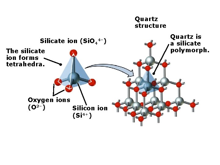 Quartz structure Silicate ion (Si. O 4 4–) The silicate ion forms tetrahedra. Oxygen