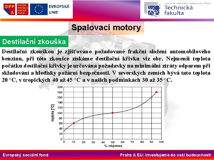 Spalovací motory Destilační zkouška Destilační zkouškou je zjišťováno požadované frakční složení automobilového benzínu, při