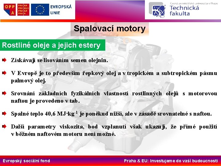 Spalovací motory Rostliné oleje a jejich estery Získávají se lisováním semen olejnin. V Evropě