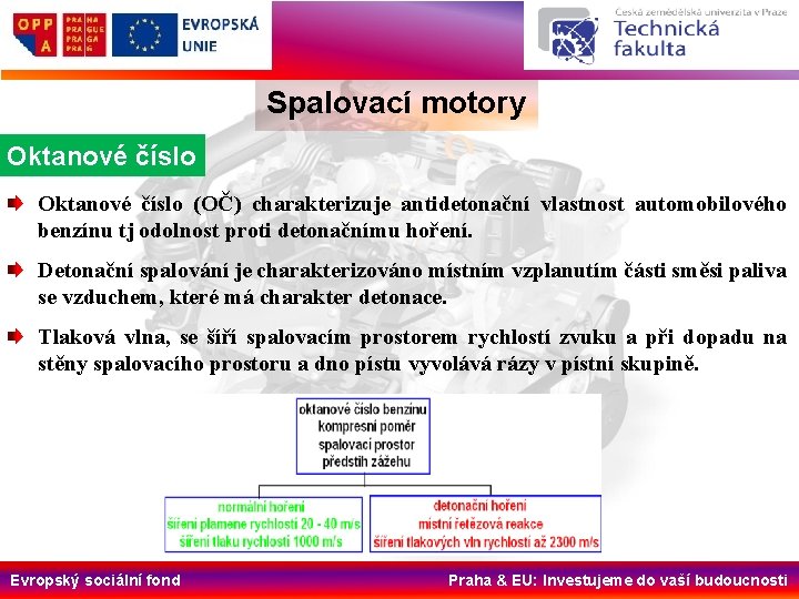 Spalovací motory Oktanové číslo (OČ) charakterizuje antidetonační vlastnost automobilového benzínu tj odolnost proti detonačnímu