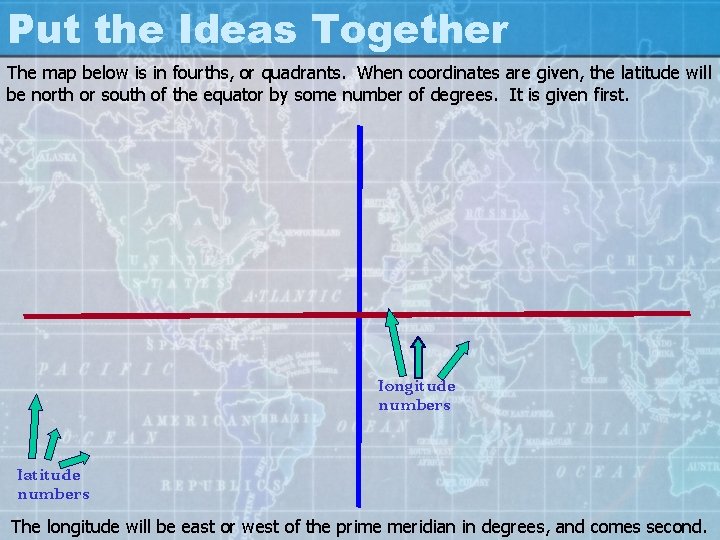 Put the Ideas Together The map below is in fourths, or quadrants. When coordinates