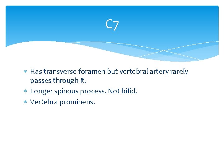 C 7 Has transverse foramen but vertebral artery rarely passes through it. Longer spinous