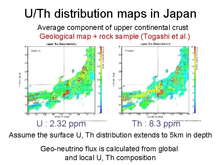 U/Th distribution maps in Japan Average component of upper continental crust Geological map +