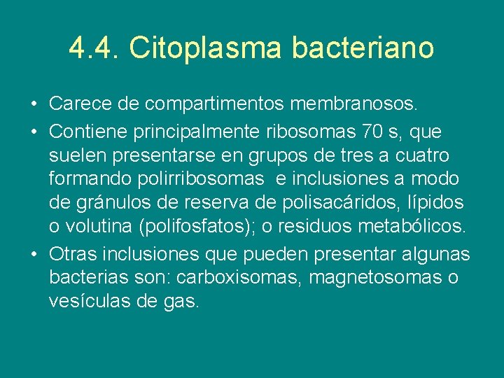 4. 4. Citoplasma bacteriano • Carece de compartimentos membranosos. • Contiene principalmente ribosomas 70