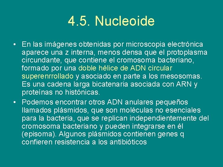 4. 5. Nucleoide • En las imágenes obtenidas por microscopia electrónica aparece una z