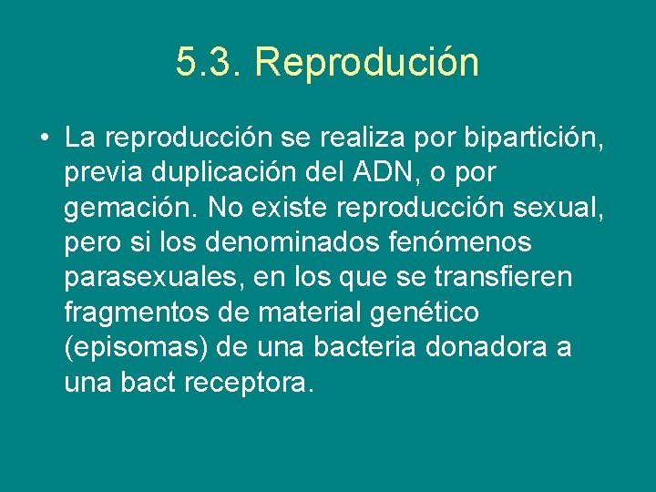 5. 3. Reprodución • La reproducción se realiza por bipartición, previa duplicación del ADN,