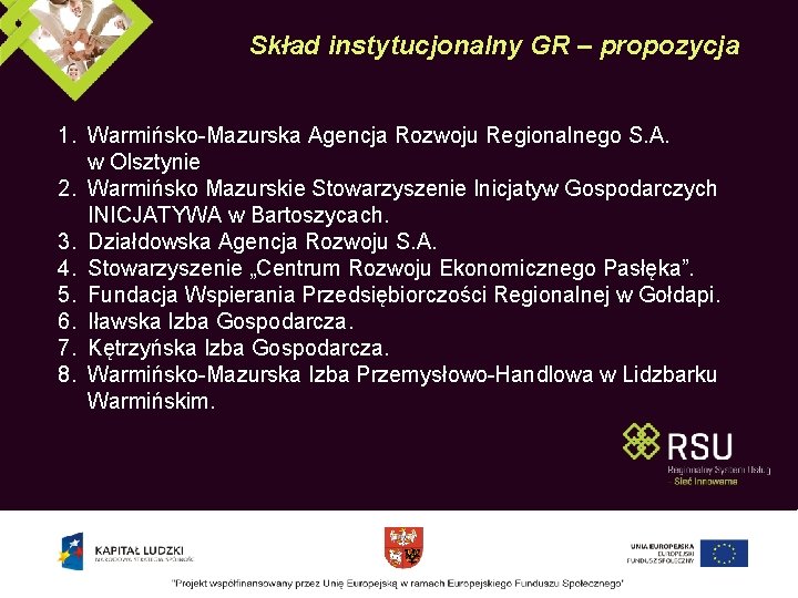 Skład instytucjonalny GR – propozycja 1. Warmińsko-Mazurska Agencja Rozwoju Regionalnego S. A. w Olsztynie Skład instytucjonalny GR – propozycja 1. Warmińsko-Mazurska Agencja Rozwoju Regionalnego S. A. w Olsztynie