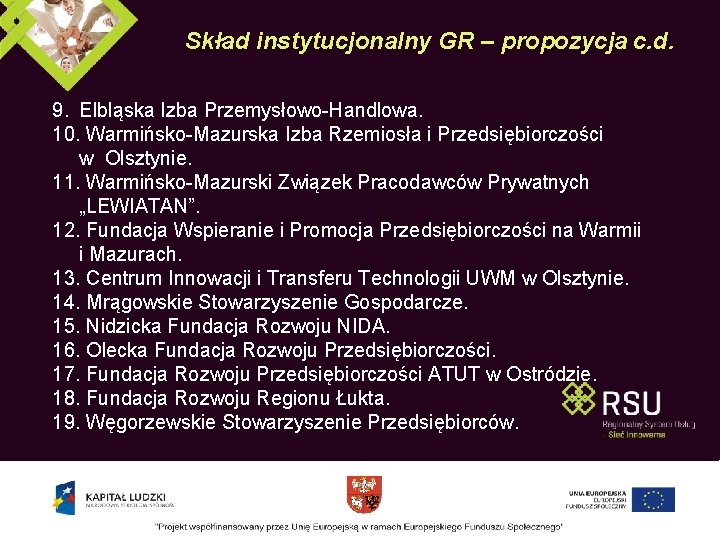 Skład instytucjonalny GR – propozycja c. d. 9. Elbląska Izba Przemysłowo-Handlowa. 10. Warmińsko-Mazurska Izba Skład instytucjonalny GR – propozycja c. d. 9. Elbląska Izba Przemysłowo-Handlowa. 10. Warmińsko-Mazurska Izba