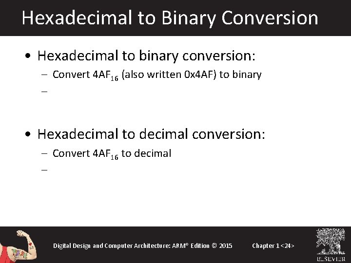 Hexadecimal to Binary Conversion • Hexadecimal to binary conversion: – Convert 4 AF 16