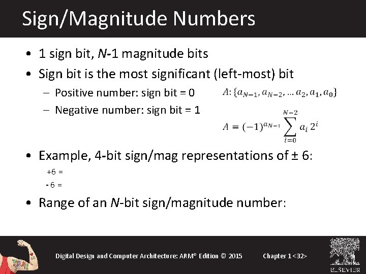 Sign/Magnitude Numbers • 1 sign bit, N-1 magnitude bits • Sign bit is the