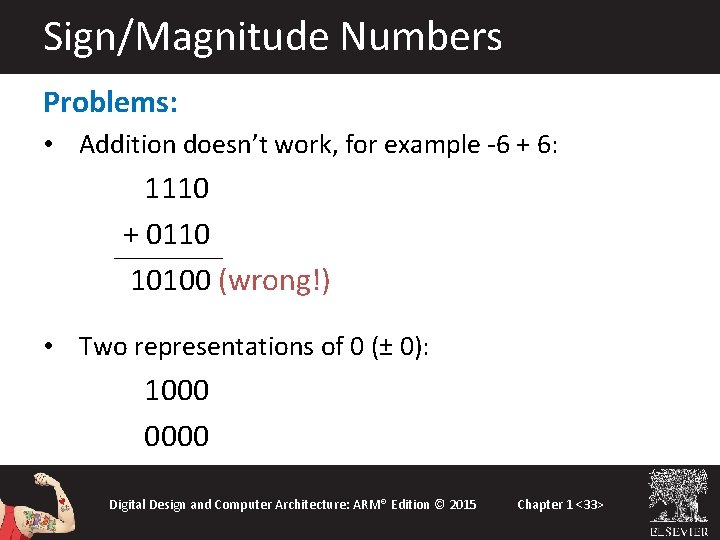 Sign/Magnitude Numbers Problems: • Addition doesn’t work, for example -6 + 6: 1110 +