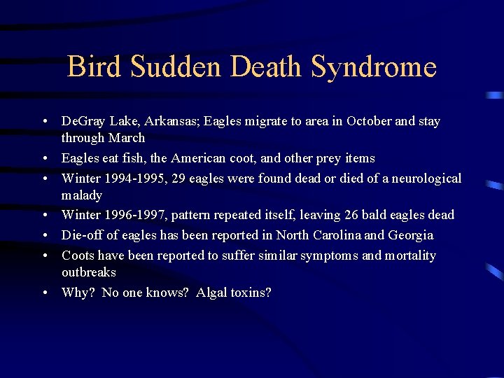 Bird Sudden Death Syndrome • De. Gray Lake, Arkansas; Eagles migrate to area in