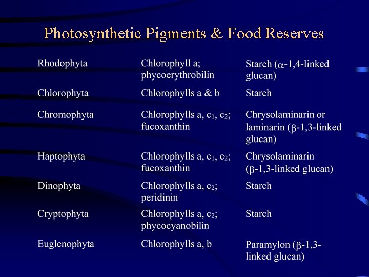 Photosynthetic Pigments & Food Reserves 