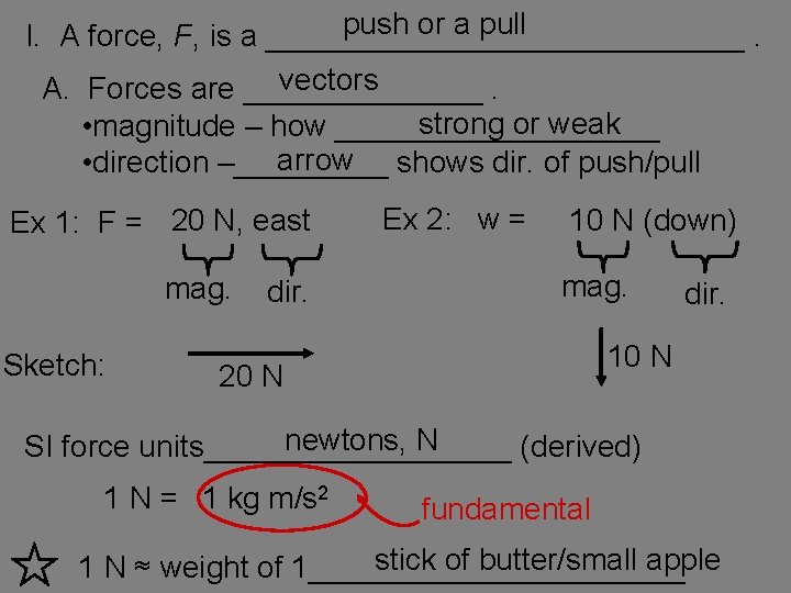 push or a pull I. A force, F, is a ______________. vectors A. Forces