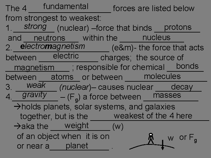 fundamental The 4 _________ forces are listed below from strongest to weakest: strong (nuclear)