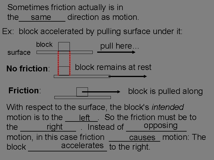 Sometimes friction actually is in same the_____ direction as motion. Ex: block accelerated by