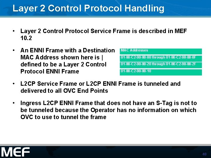 Layer 2 Control Protocol Handling • Layer 2 Control Protocol Service Frame is described