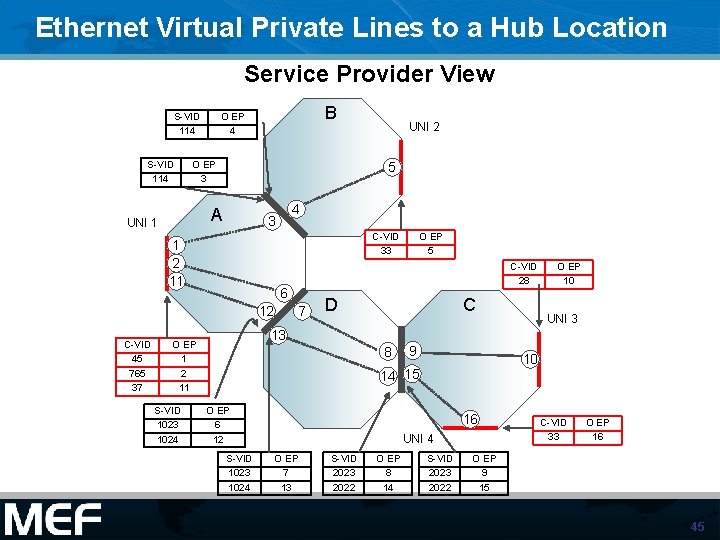 Ethernet Virtual Private Lines to a Hub Location Service Provider View S-VID 114 B
