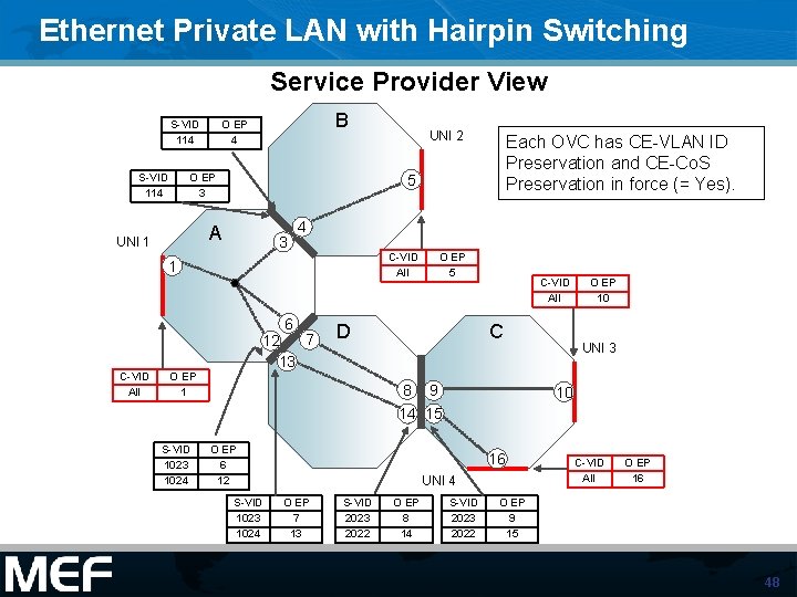 Ethernet Private LAN with Hairpin Switching Service Provider View S-VID 114 B O EP