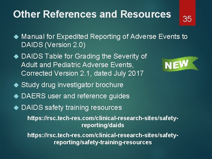 Other References and Resources 35 Manual for Expedited Reporting of Adverse Events to DAIDS
