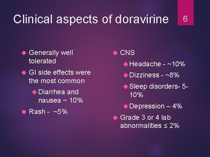 Clinical aspects of doravirine Generally well tolerated Dizziness Sleep Diarrhea and nausea ~ 10%