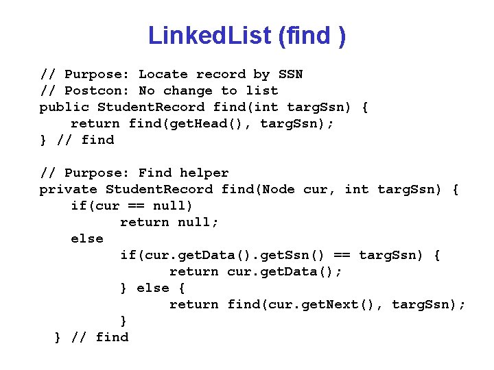 Linked. List (find ) // Purpose: Locate record by SSN // Postcon: No change