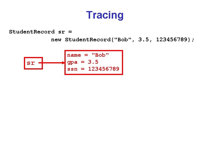 Tracing Student. Record sr = new Student. Record("Bob", 3. 5, 123456789); sr name =