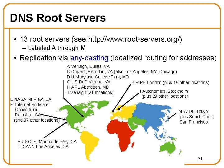DNS Root Servers • 13 root servers (see http: //www. root-servers. org/) – Labeled DNS Root Servers • 13 root servers (see http: //www. root-servers. org/) – Labeled