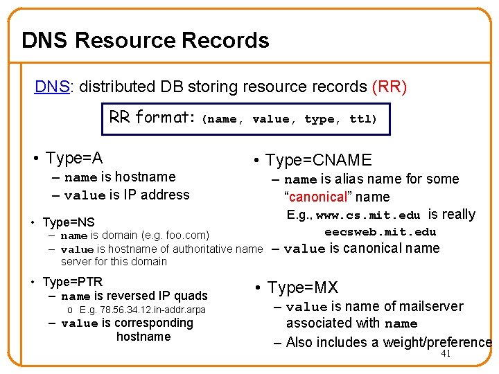 DNS Resource Records DNS: distributed DB storing resource records (RR) RR format: (name, value, DNS Resource Records DNS: distributed DB storing resource records (RR) RR format: (name, value,