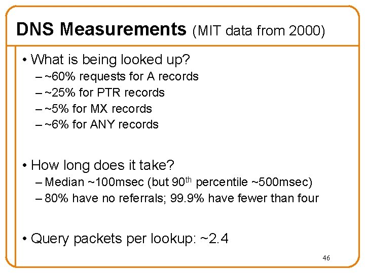DNS Measurements (MIT data from 2000) • What is being looked up? – ~60% DNS Measurements (MIT data from 2000) • What is being looked up? – ~60%