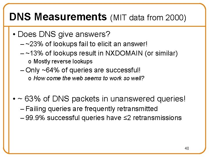 DNS Measurements (MIT data from 2000) • Does DNS give answers? – ~23% of DNS Measurements (MIT data from 2000) • Does DNS give answers? – ~23% of