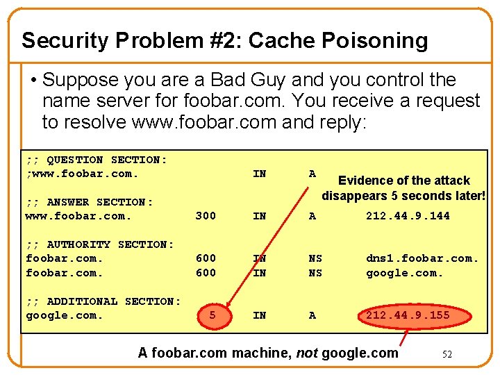 Security Problem #2: Cache Poisoning • Suppose you are a Bad Guy and you Security Problem #2: Cache Poisoning • Suppose you are a Bad Guy and you