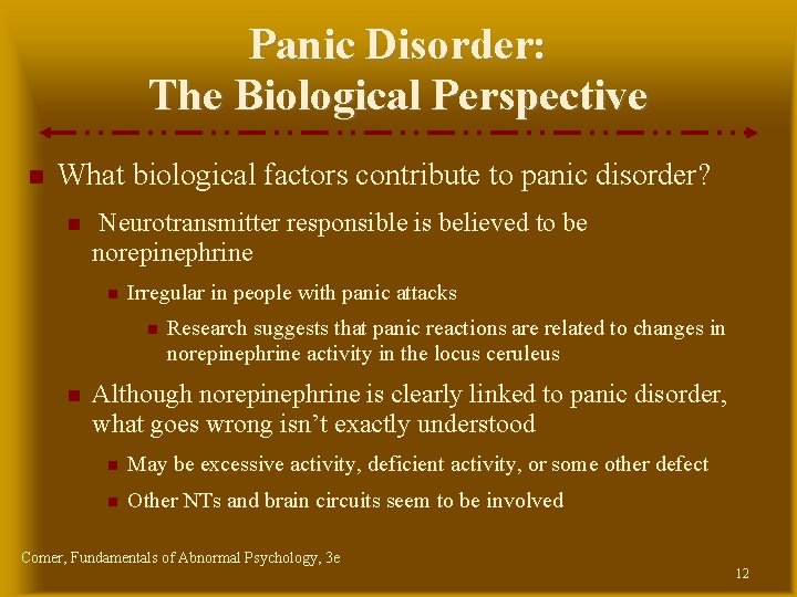 Panic Disorder: The Biological Perspective What biological factors contribute to panic disorder? Neurotransmitter responsible Panic Disorder: The Biological Perspective What biological factors contribute to panic disorder? Neurotransmitter responsible
