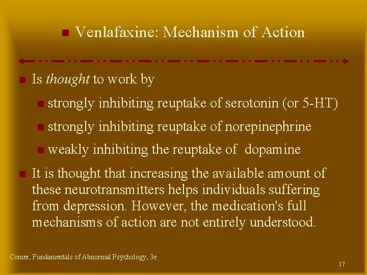 Venlafaxine: Mechanism of Action Is thought to work by strongly inhibiting reuptake of Venlafaxine: Mechanism of Action Is thought to work by strongly inhibiting reuptake of